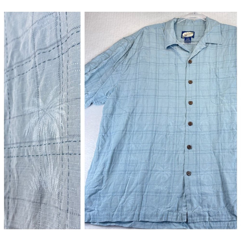 Vintage PORCINI Mens XL Blue Silk Hawaiian Shirt Palm Trees Contrast Stitching